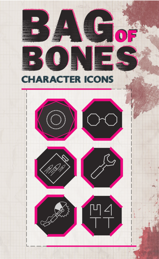 Showcase of 6 octogonal badges with icons on them representing the characters in the Bag of Bones show