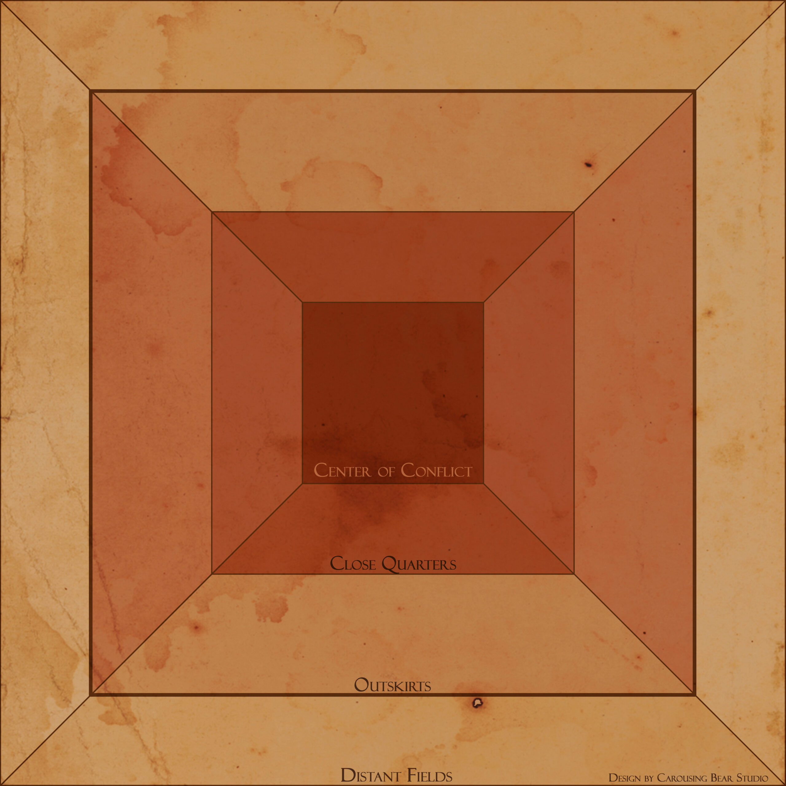 A square image containing the multiple segments that make up the action map. The map has 3 rings that form around a centre block. All 3 of the rings are diagonally cut off from each other to create a 4 distinct segments indicating north, east, south and west. The entire map has a paper like texture, and each ring grows darker, starting at a yellow colour on the outer ring up to a deep red for the centre portion.